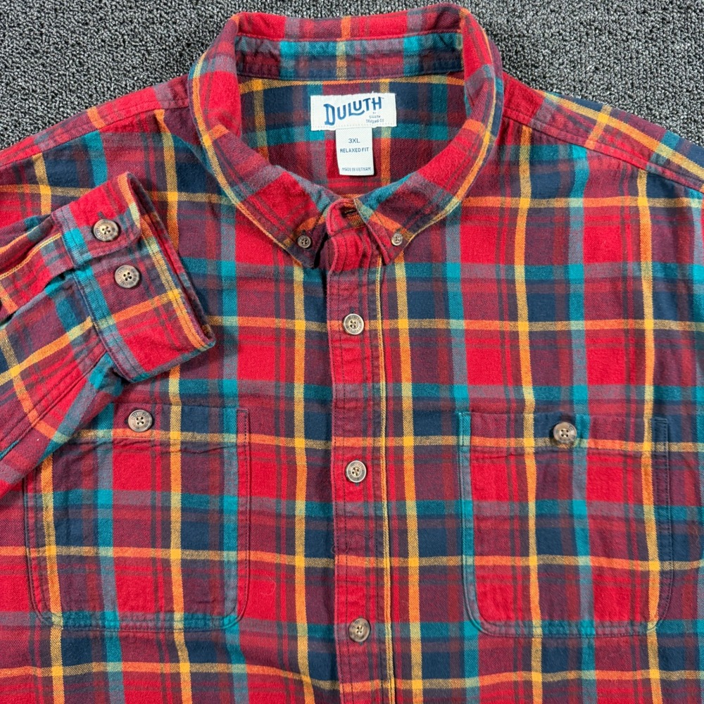 Duluth Trading Co Men 3XL Relaxed Fit Button Down Flannel Shirt Red Tartan Plaid